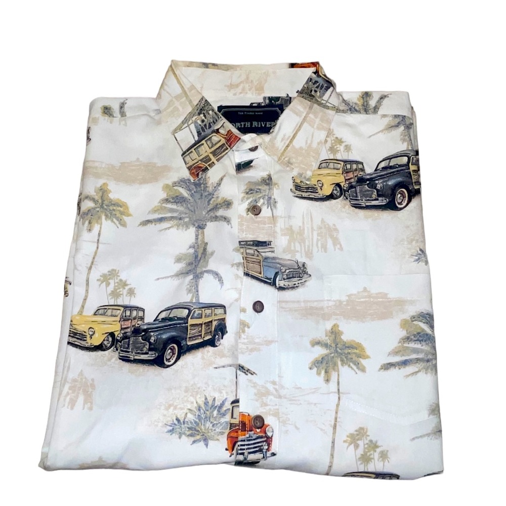 Men’s North  River Short Sleeve Button Down Shirt Beach Vintage Woody Print XL